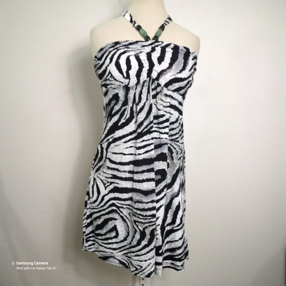 Cristina Love Grey & Black Zebra Mini Halter Beach Dress Tahiti Beads NWT Jr. - Picture 1 of 14